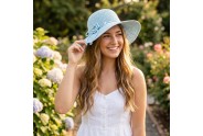 Wide Brim Hand Crocheted w/ Matching Flower Band - Light Blue - HT-8149LBL